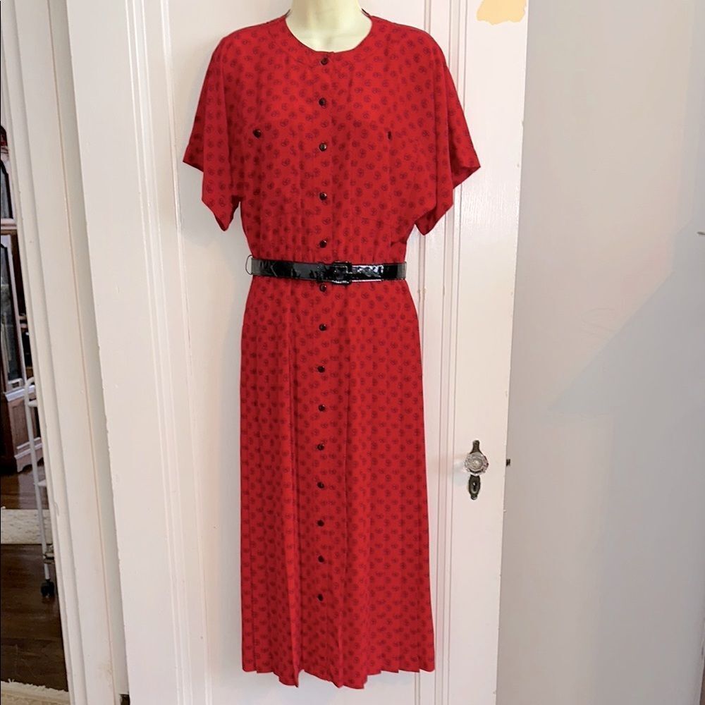 Vtg 80s Liz Claiborne Red & Black Paisley Print Short Sleeve Button Front Dress